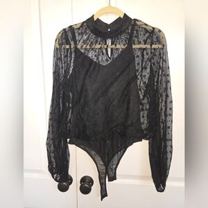 Lulus Black sheer Thong bodysuit.